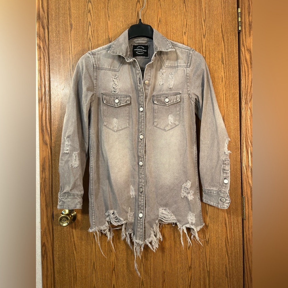 American Bazi Denim Destroyed, Frayed, Faded Grey Jean Jacket